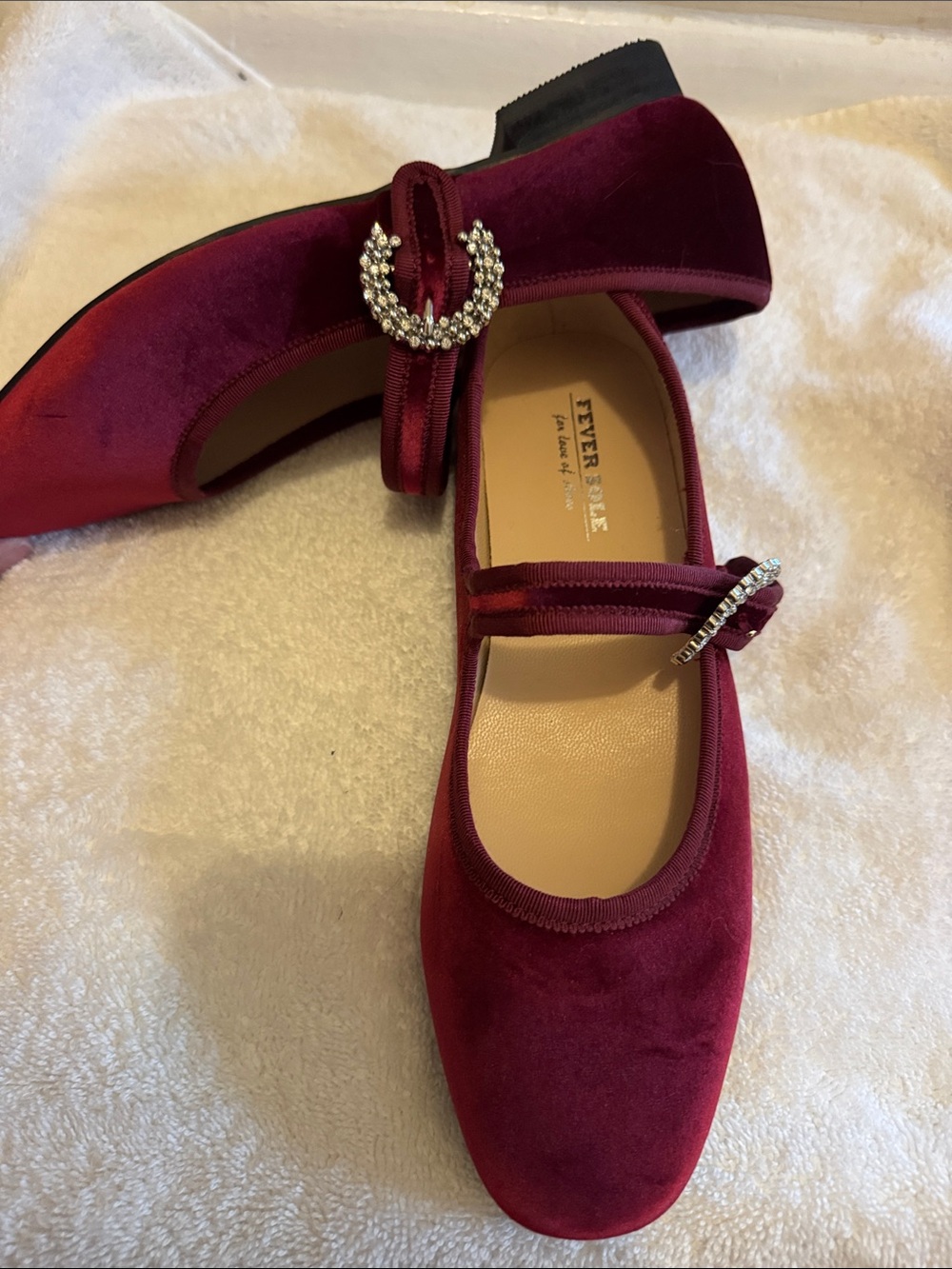 Fever Sole Women's Velvet Mary Jane Flats in Burgundy with Rhinestone Buckle